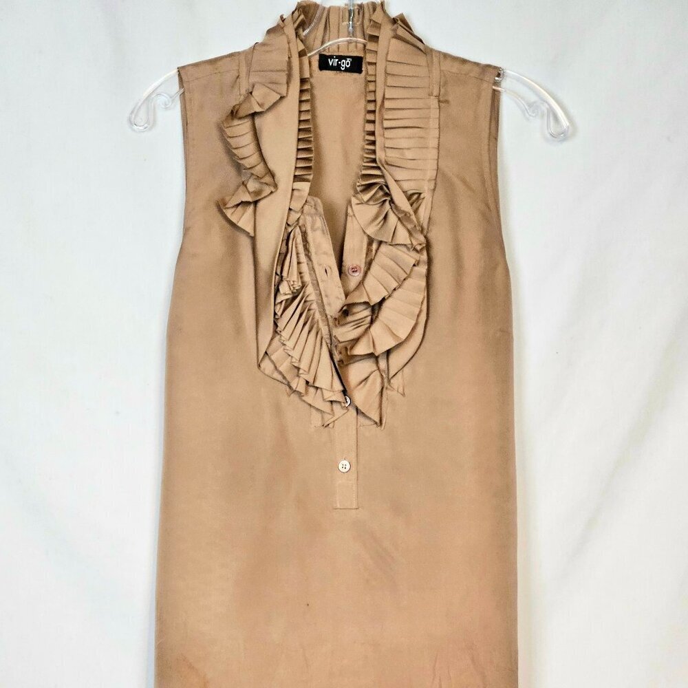 Upcycled Vintage Boho Pleated Ruffled Sleeveless Button Down Shirt